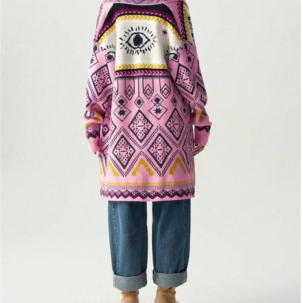 Pink Geometric Aztec Print Fringe Cardigan - Picture 10 of 15